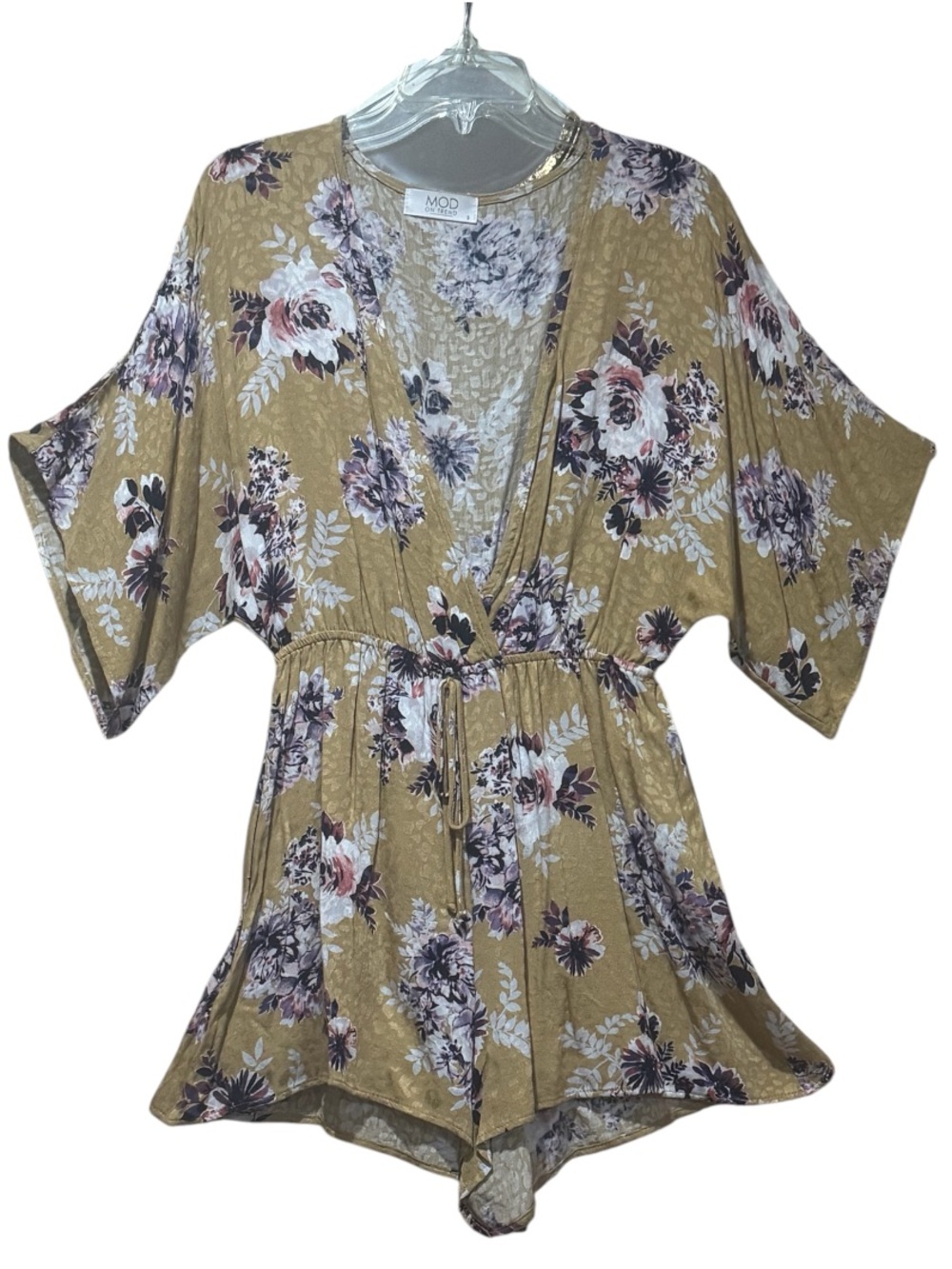 Boutique Floral Romper Elastic Waist Mustard Purple SS Boho Small Lightweight